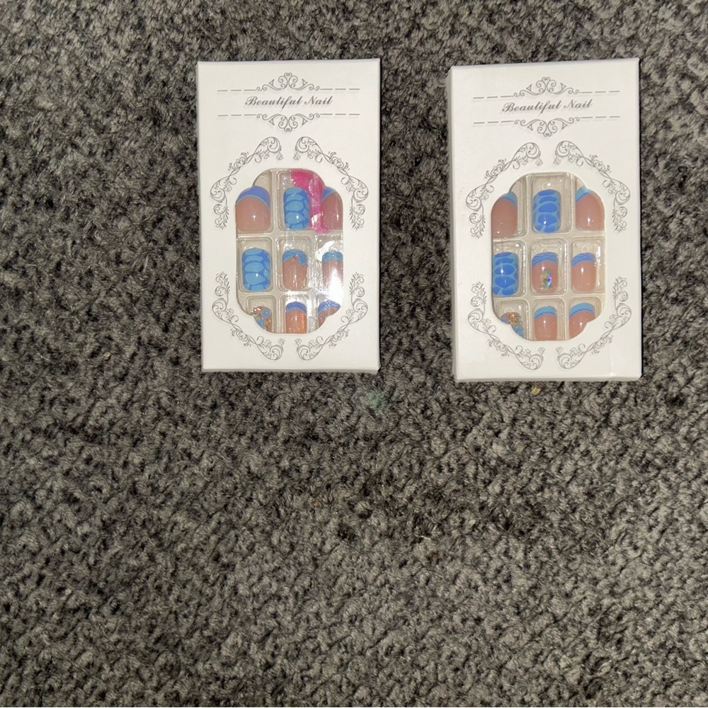 2- Sets of Blue French Tip Faux Fingernails